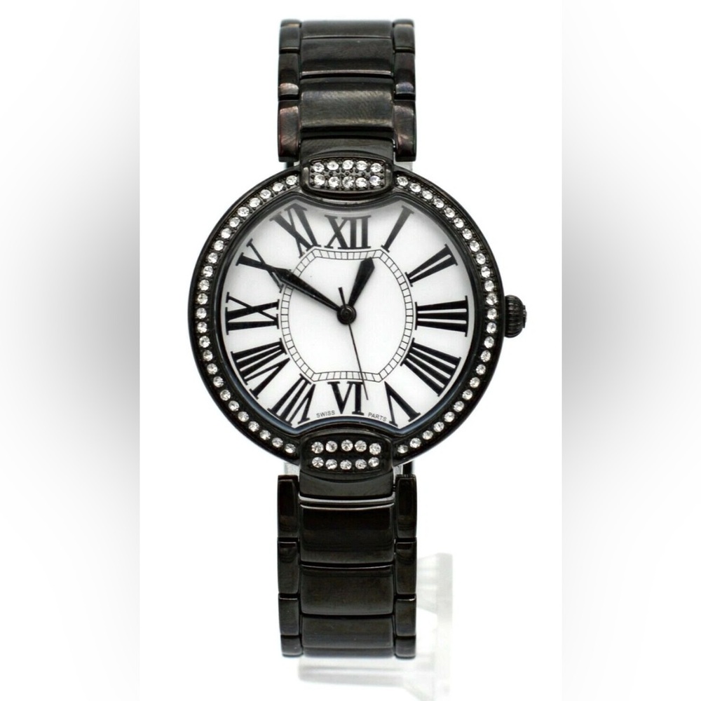 Bronzo Italia Pave' Crystal Bezel Round Panther Link Stainless Watch